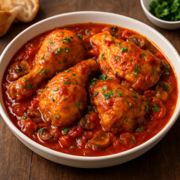 Entree: Italy – Pollo alla Cacciatora (Chicken Cacciatore) (Hunter-style chicken (braised with tomatoes, wine, and herbs)) recipe