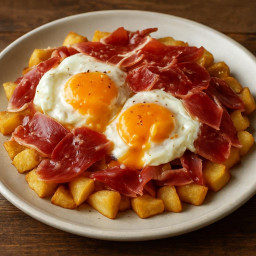 Entree: Spain – Madrid – Huevos Rotos con Jamón (Broken eggs with cured ham) recipe