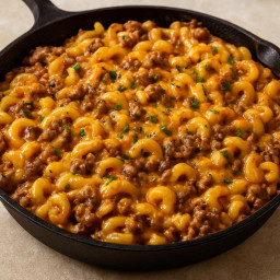 Entree: United States – One-Pan Skillet Cheddar Beef Mac recipe