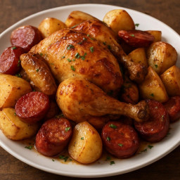 Entree: Portugal – Frango com Chouriço e Batatas Assadas (Roast chicken with chouriço and potatoes) recipe