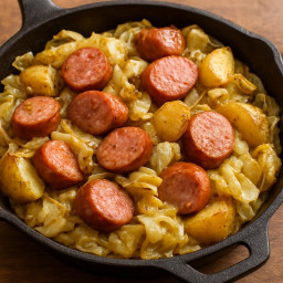 Entree: Poland – Kielbasa-Style Sausage with Cabbage and Potatoes (Sausage with cabbage and potatoes in a homestyle skillet) recipe