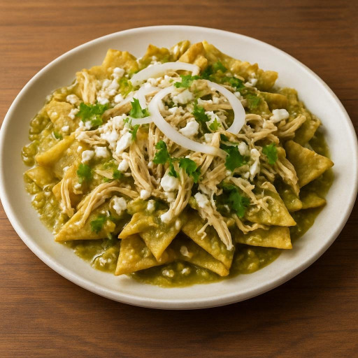 Entree: Mexico – Central Mexico – Chilaquiles verdes con pollo (green chilaquiles with shredded chicken) recipe