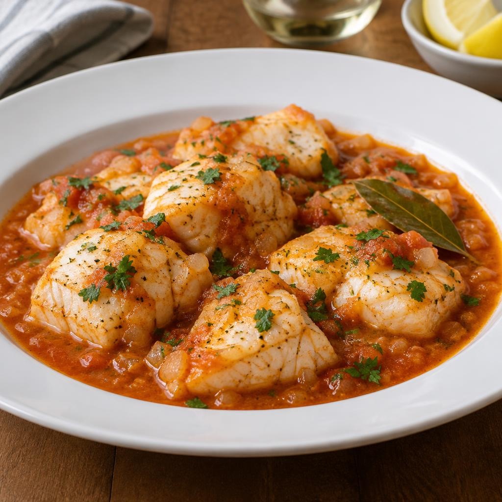 Entree: Spain – Galicia – Rape a la marinera (monkfish in a sailor-style tomato and white wine sauce) recipe